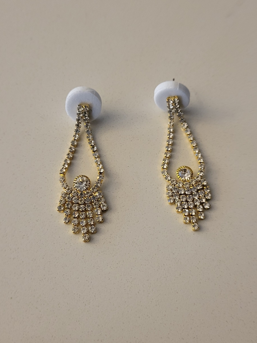 Gold Rhinestone Teardrop Fringe Earrings - Unbranded
